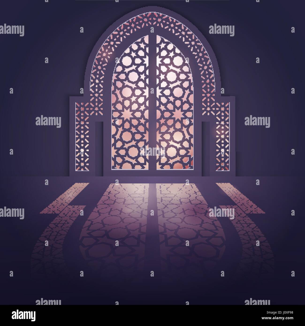 Design islamico moschea di sfondo background porta con luce modello arabo ombra Illustrazione Vettoriale
