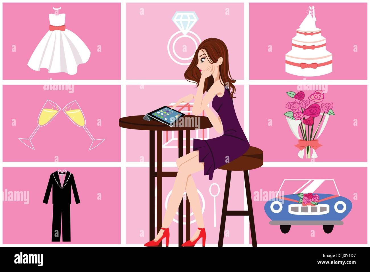 Una illustrazione vettoriale di bella donna a pianificare il suo matrimonio online Illustrazione Vettoriale