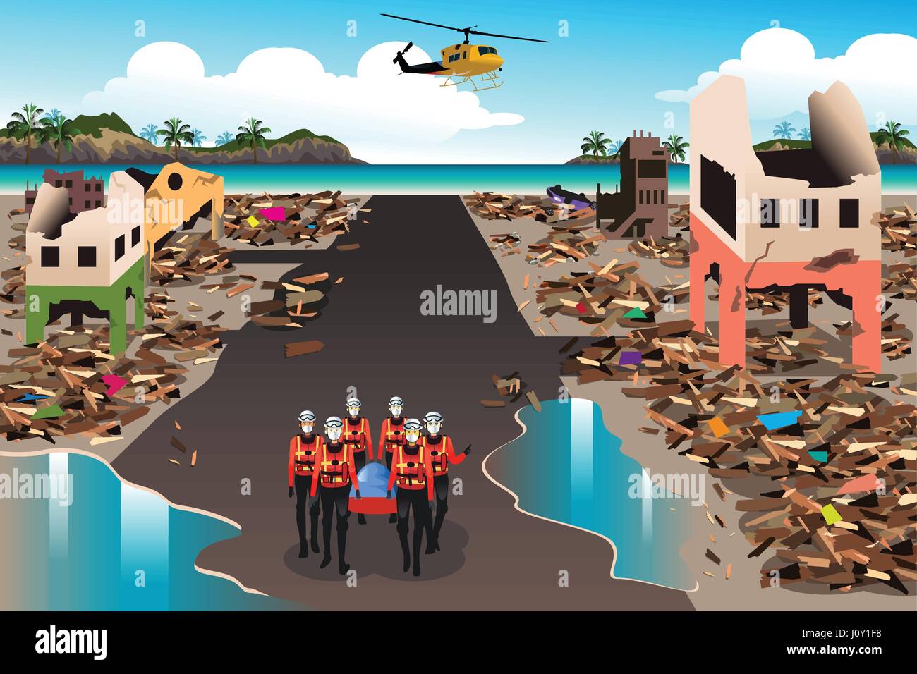 Una illustrazione vettoriale delle squadre di salvataggio ricerca attraverso l'edificio distrutto durante lo tsunami Illustrazione Vettoriale