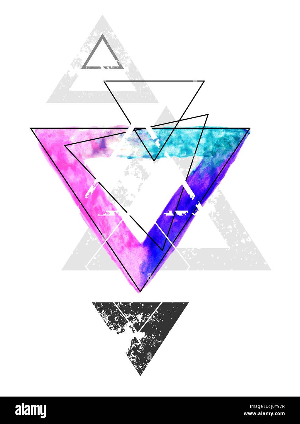 Composizione di forme geometriche con un triangolo dipinto con colori luminosi acquerelli di vernice su uno sfondo bianco. Disegno ad acquerello. Lo stile di tatuaggio. Foto Stock
