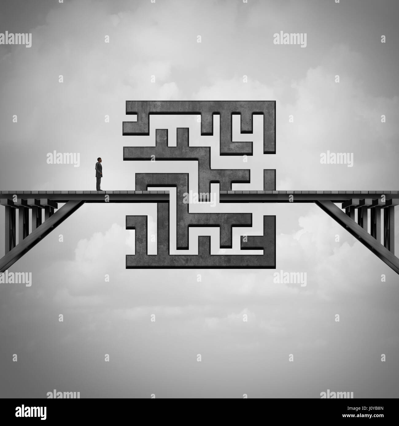 Concetto di percorso sfida come un imprenditore su un ponte con un labirinto che bloccano il passaggio per l'altro lato come una metafora per la risoluzione. Foto Stock