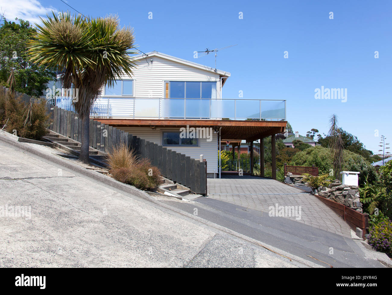 La vista di Baldwin Street, ufficialmente la strada più ripida del mondo (Dunedin, Nuova Zelanda). Foto Stock