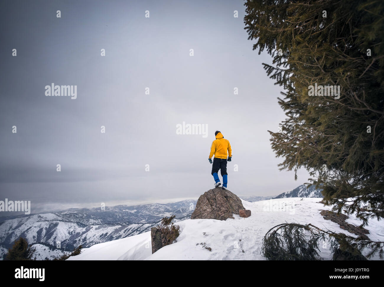 Turisti in giacca gialla con piedi in cima della roccia sulle montagne innevate Foto Stock