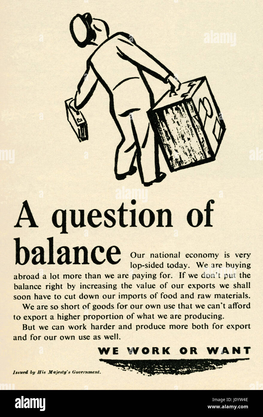 Un governo britannico spot per promuovere le esportazioni. L annuncio è stato parte di una campagna in post-guerra in Gran Bretagna per incoraggiare le persone in un tempo di austerità a lavorare di più e produrre più merci di esportazione al fine di aiutare la bilancia dei pagamenti. È apparso in una rivista pubblicata nel Regno Unito nel 1947 - vintage anni quaranta grafica. Foto Stock
