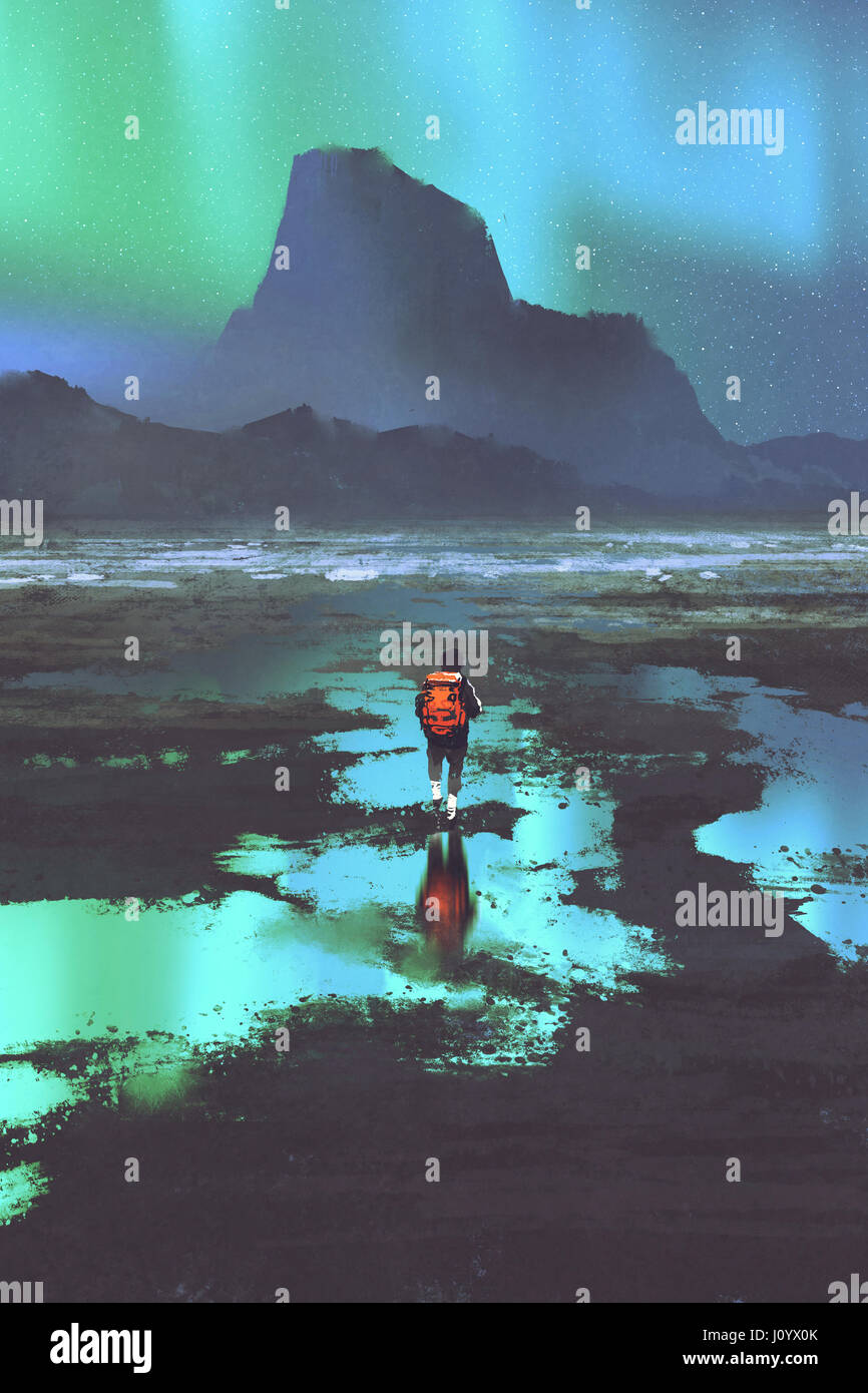 Paesaggio notturno di un escursionista con zaino guardando le montagne e colorata luce nel cielo, illustrazione pittura Foto Stock