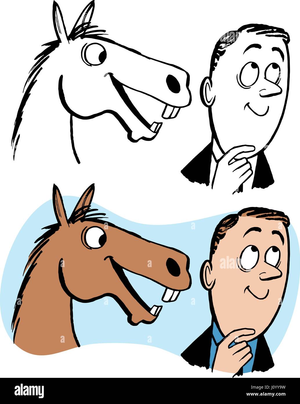 Un uomo riceve una punta calda direttamente dalla bocca del cavallo. Illustrazione Vettoriale