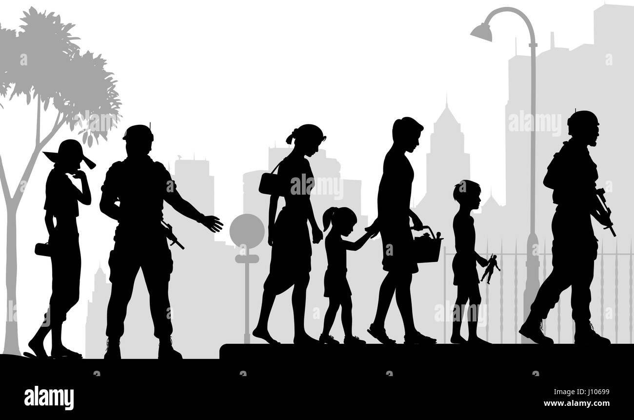 Vettore modificabile silhouette di soldati scortare un civile famiglia in una scena urbana con tutti i dati come oggetti separati Illustrazione Vettoriale