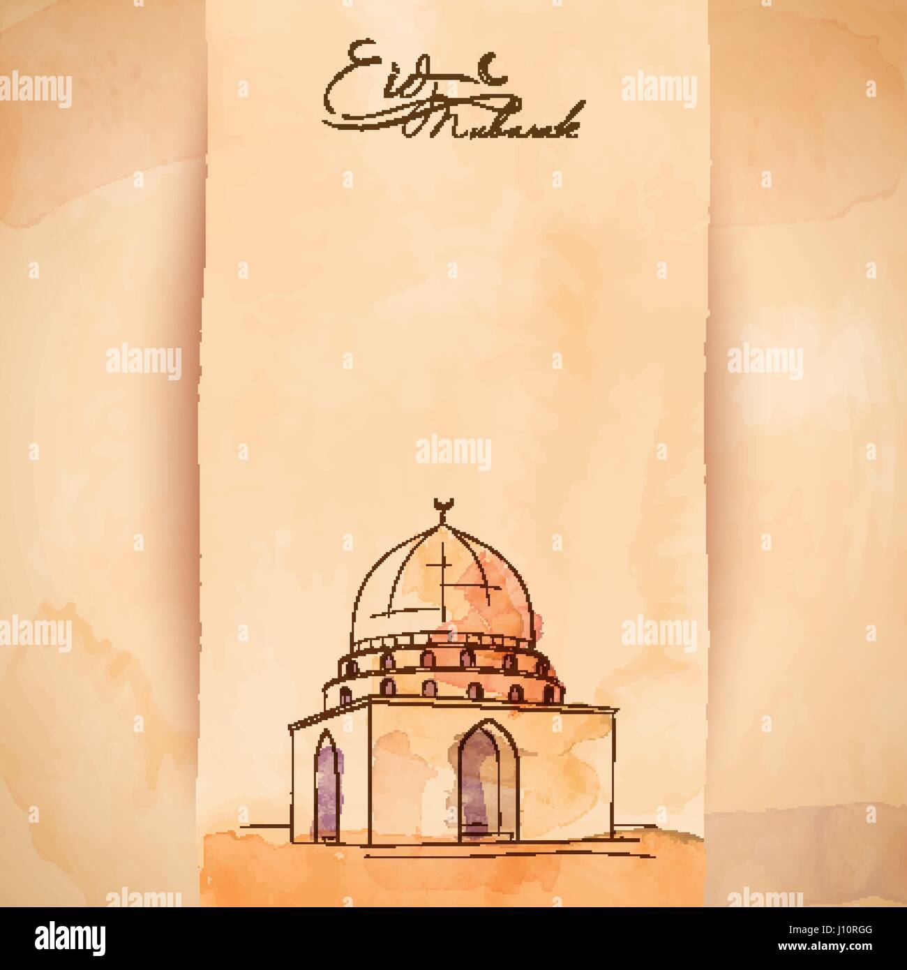 Eid Mubarak saluto banner sfondo moschea islamica acquerello e schizzo di inchiostro Illustrazione Vettoriale