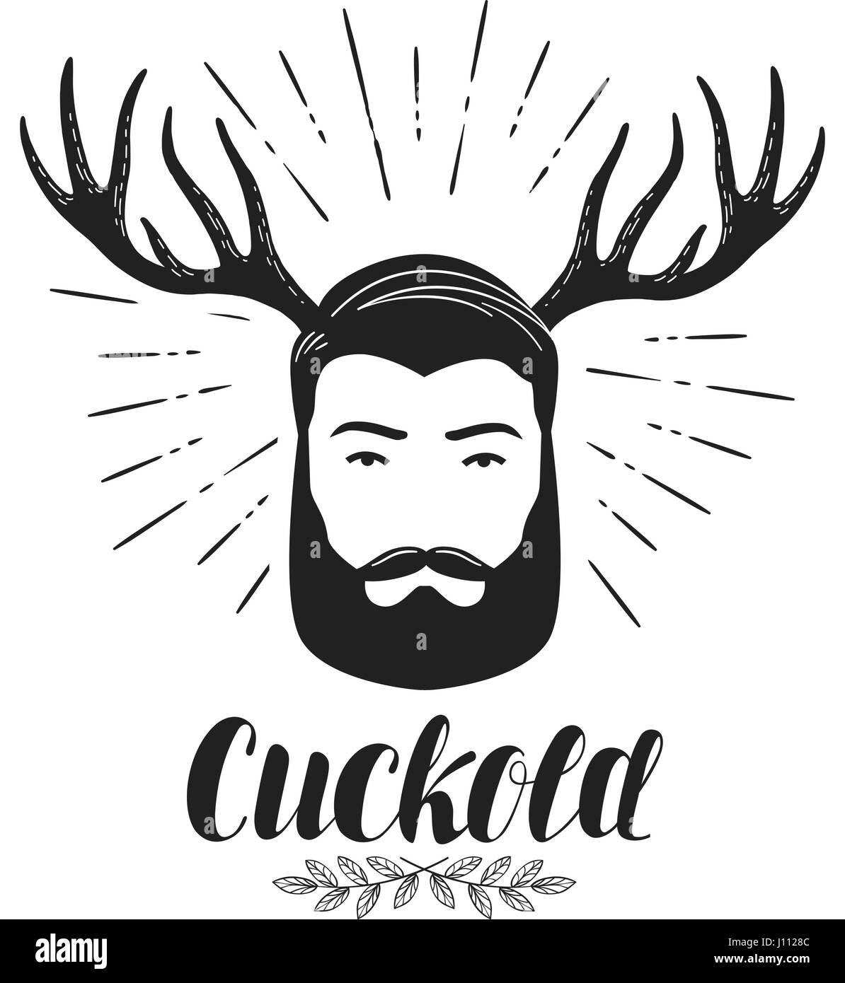 Cuckold, Icona o simbolo. Uomo Barbuto con le corna, etichetta. Lettering illustrazione vettoriale Illustrazione Vettoriale