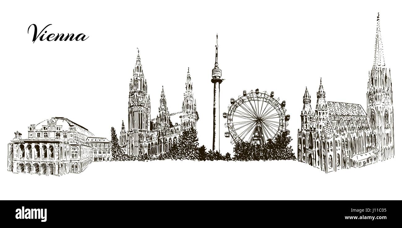 Set di simboli di Vienna silhuettes. Cityline. Donauturm, Stephansdom, Rathaus, il Prater, Opera di Stato di Vienna Casa. Illustrazione Vettoriale