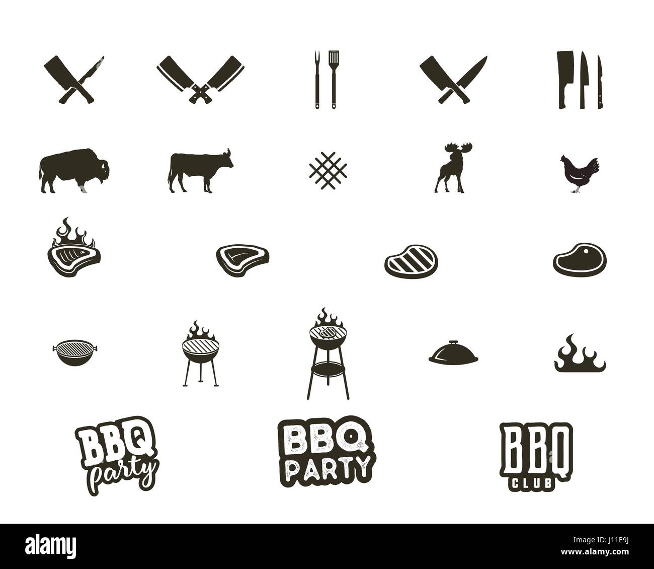 Vector Steak House Grill e silhouette icone testurizzato. Forme neri isolati su sfondo bianco. Inclusi grill attrezzature, strumenti, gli elementi e la tipografia segni - barbecue il concetto di partito e altri. Illustrazione Vettoriale