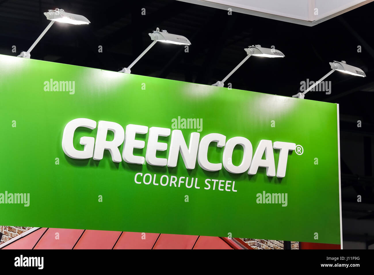 Mosca, Russia - aprile 2017: il Logo segno di Greencoat. GreenCoat SSAB è la marca per le innovative, eco-consapevole del colore in acciaio rivestito di soluzioni per i bui Foto Stock