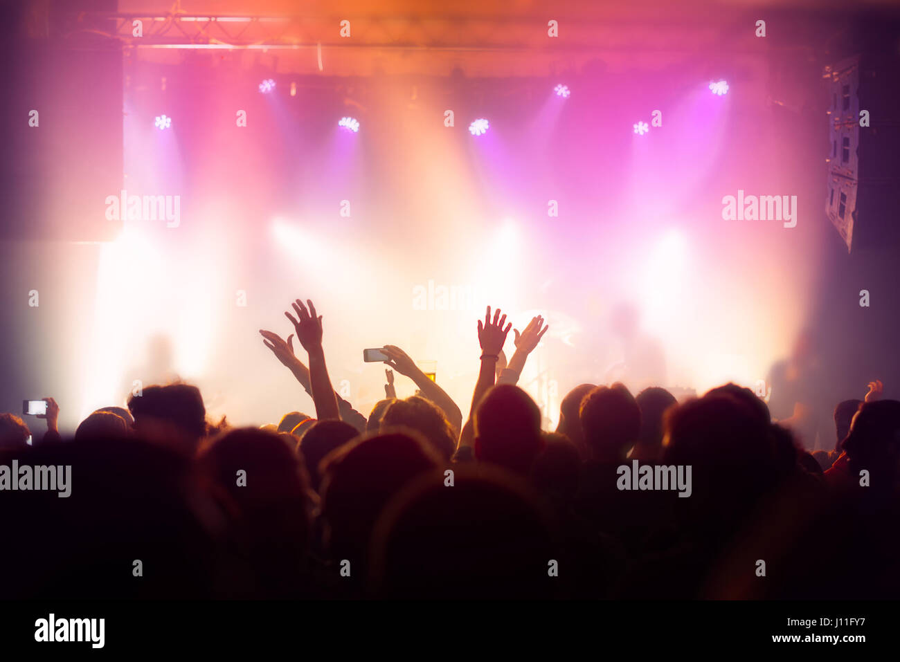 Concerto di musica folla ventole, persone famose rock live performance e le mani in aria, il fuoco selettivo Foto Stock