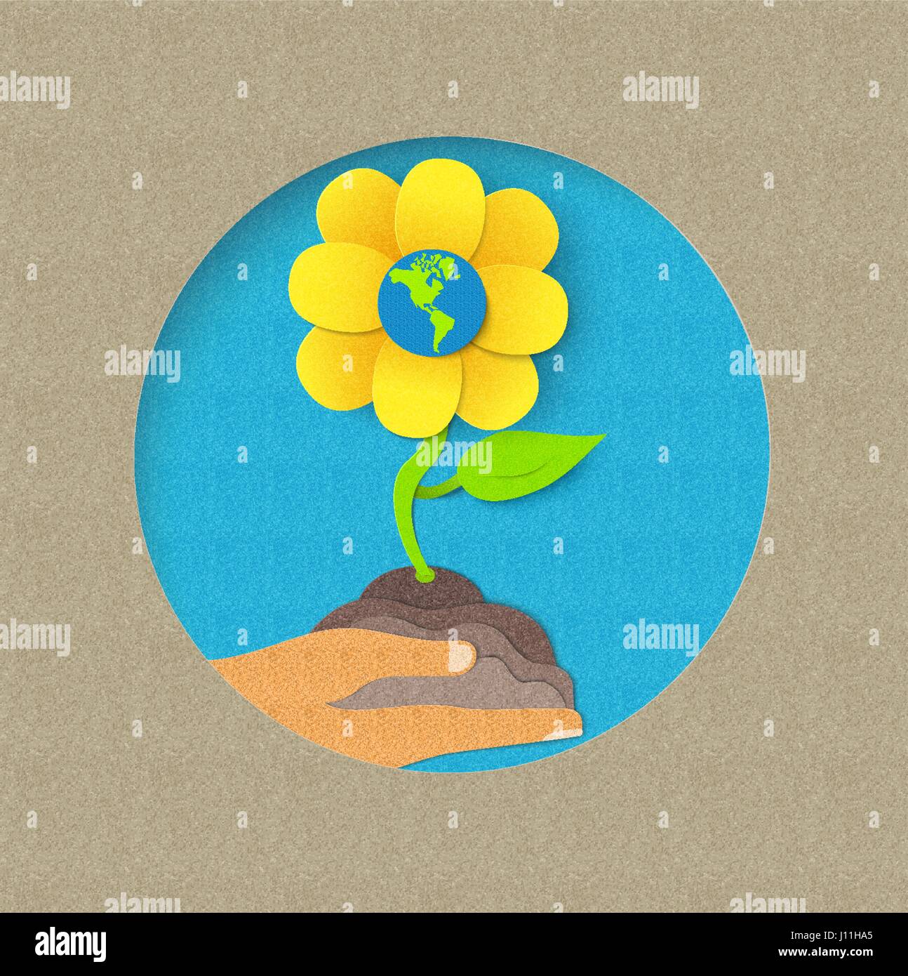 La giornata della terra illustrazione per il mondo la cura dell'ambiente. Carta tagliata fiore di stile di coltivazione da mano umana. EPS10 vettore. Illustrazione Vettoriale