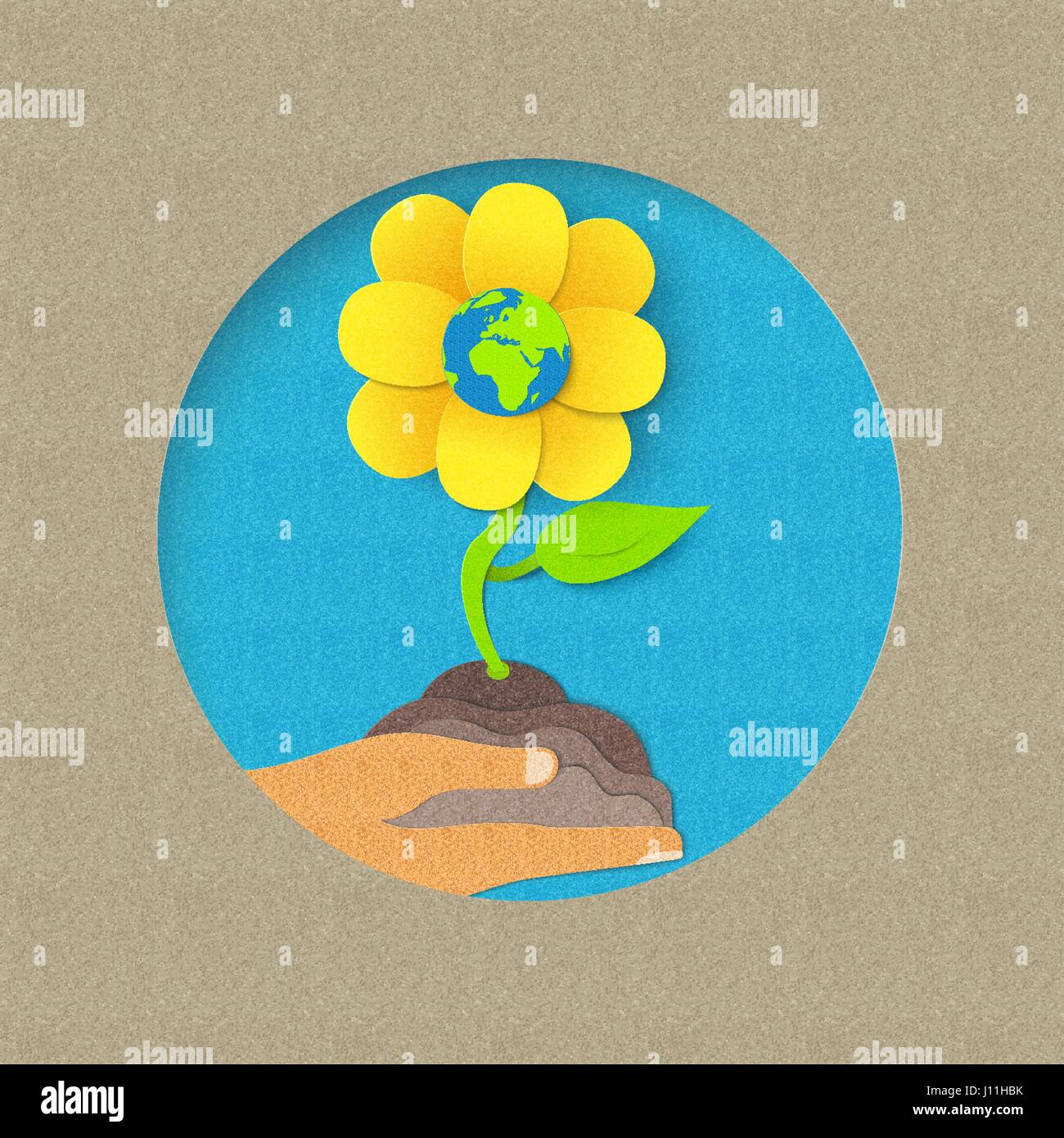 La giornata della terra illustrazione per il mondo la cura dell'ambiente. Carta tagliata fiore di stile di coltivazione da mano umana. EPS10 vettore. Illustrazione Vettoriale
