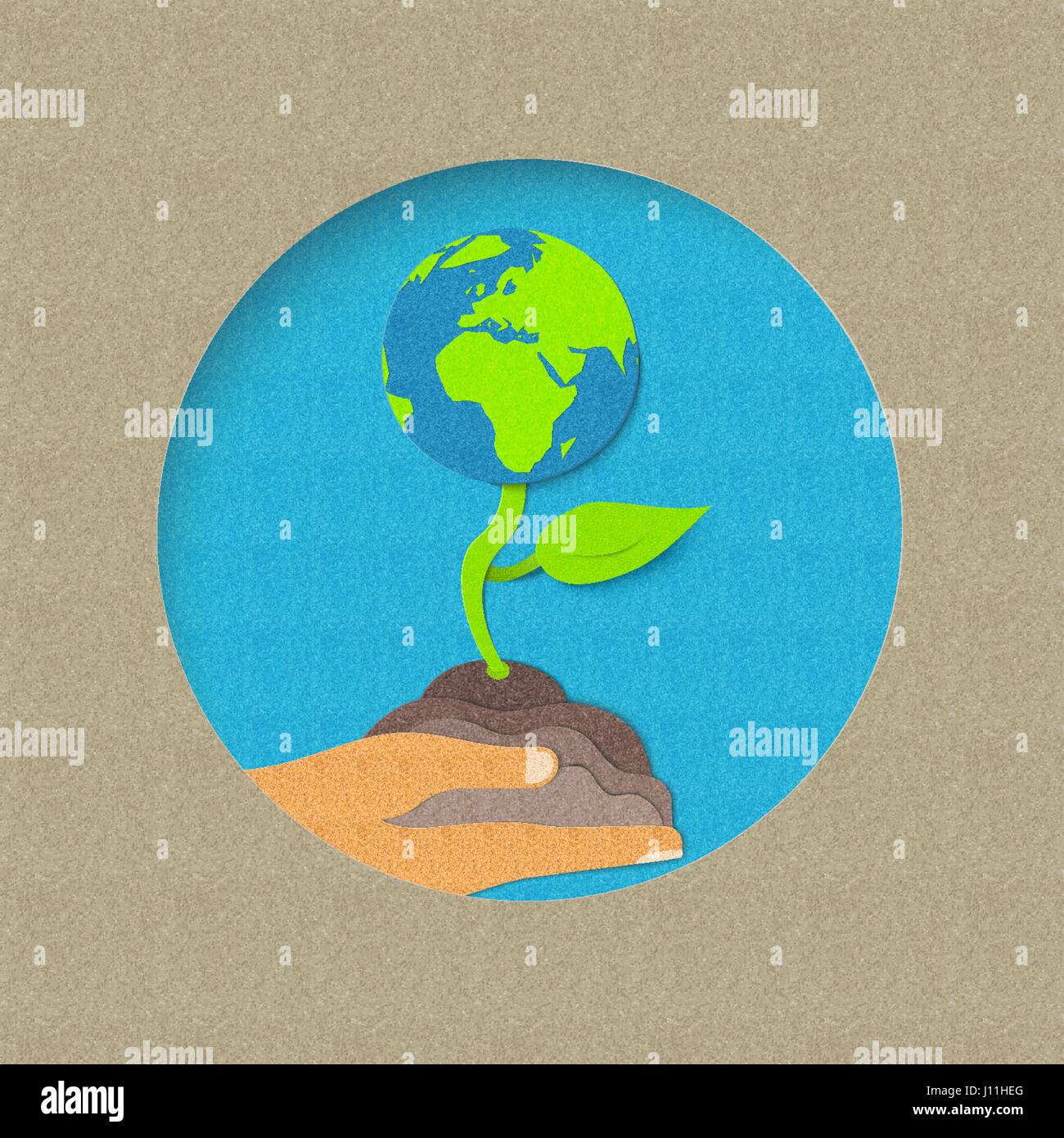 La giornata della terra illustrazione per il mondo la cura dell'ambiente. Carta tagliata stile di coltivazione di piante da mano umana. EPS10 vettore. Illustrazione Vettoriale