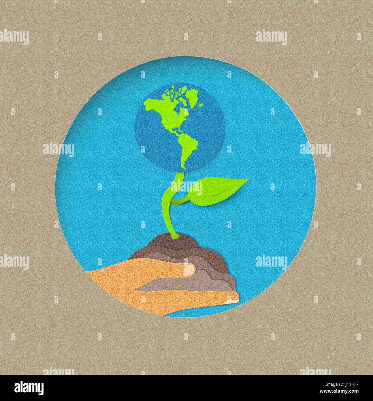 La giornata della terra illustrazione per il mondo la cura dell'ambiente. Carta tagliata stile di coltivazione di piante da mano umana. EPS10 vettore. Illustrazione Vettoriale