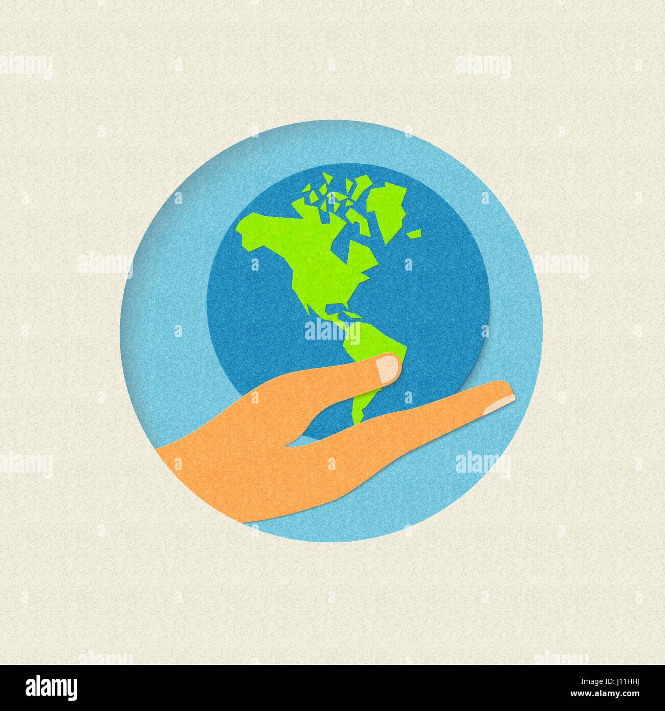 La giornata della terra concetto illustrazione per il mondo la cura dell'ambiente. Carta tagliata mano umana tenendo il pianeta. EPS10 vettore. Illustrazione Vettoriale