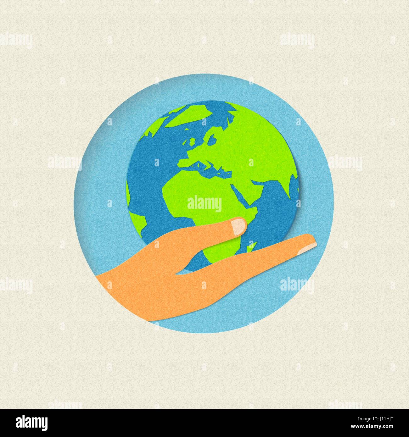 La giornata della terra concetto illustrazione per il mondo la cura dell'ambiente. Carta tagliata mano umana tenendo il pianeta. EPS10 vettore. Illustrazione Vettoriale