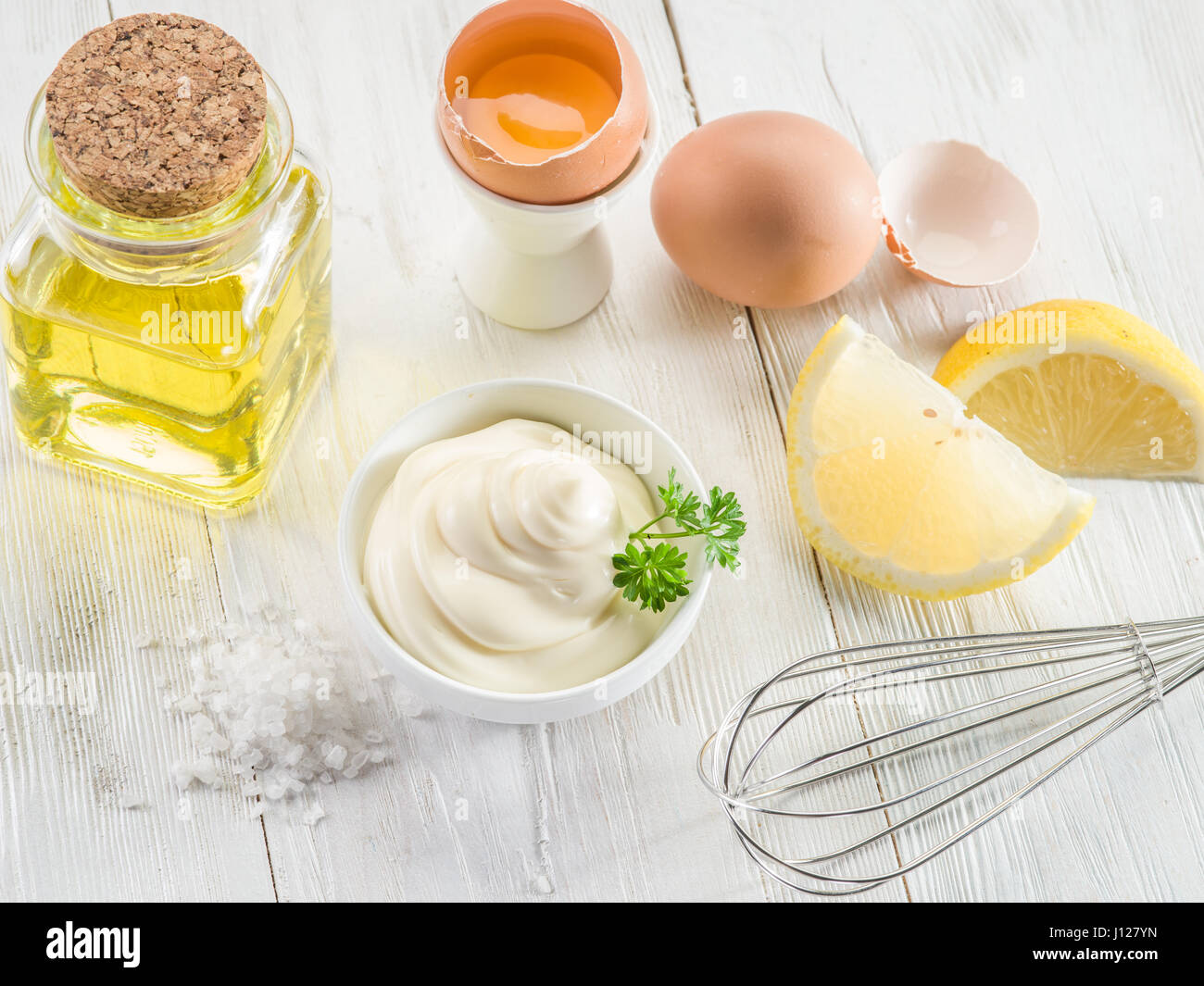 Maionese naturale ingredienti e la salsa. Foto Stock