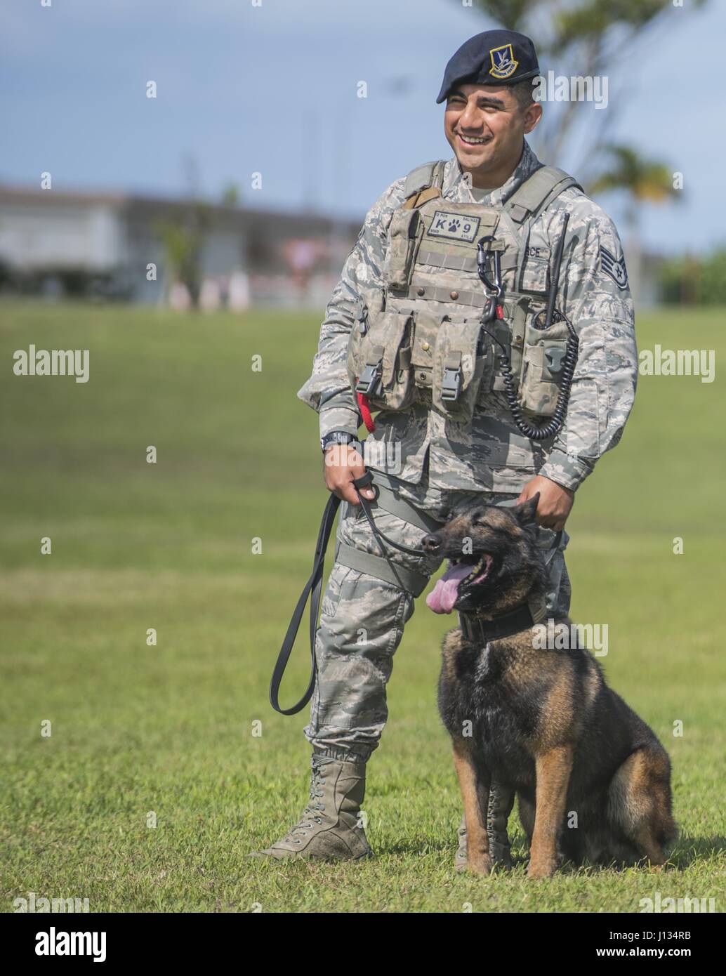Stati Uniti Air Force Staff Sgt. Juan Salinas, xviii delle forze di sicurezza militari di cane da lavoro gestore con MWD Ayila durante una dimostrazione delle sei fasi di aggressione sul Mar 16, 2017, a Marek Park a Kadena Air Base, Giappone. La MWD è un programma di formazione laterale at Lackland Air Force Base per tre mesi di formazione in cose come il pattugliamento ricerca immobili e cure di base per i canini. (U.S. Air Force Foto di Senior Airman Nick Emerick) Foto Stock
