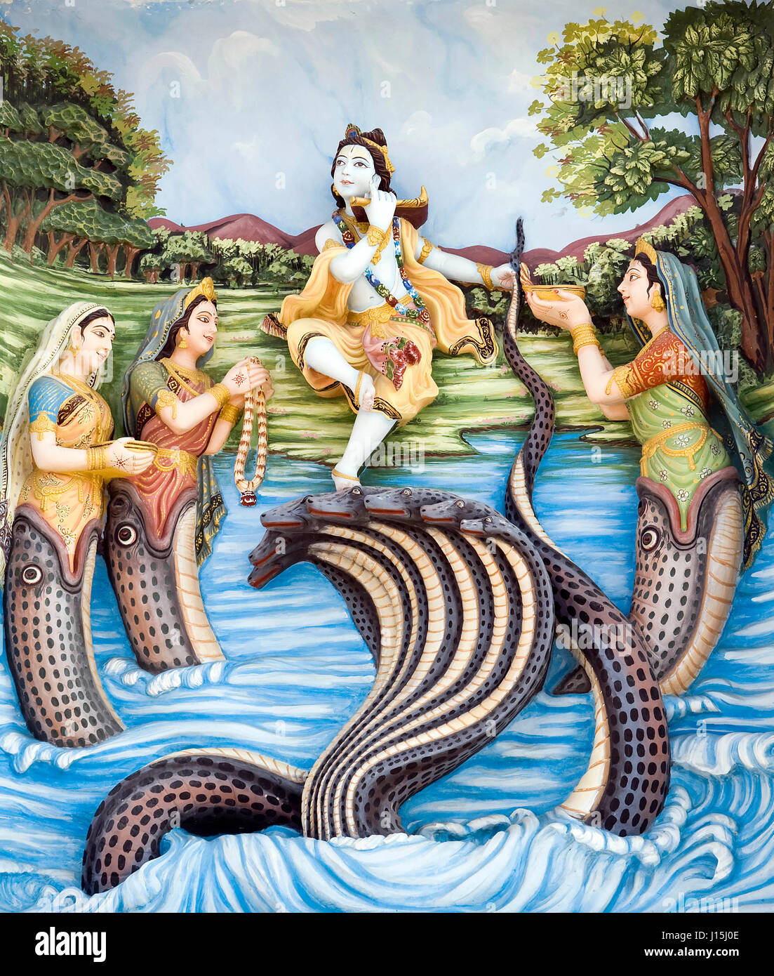 Krishna ballando sul serpente Kaliya naag pittura murale, Uttar Pradesh, India, Asia - akm 253592 Foto Stock