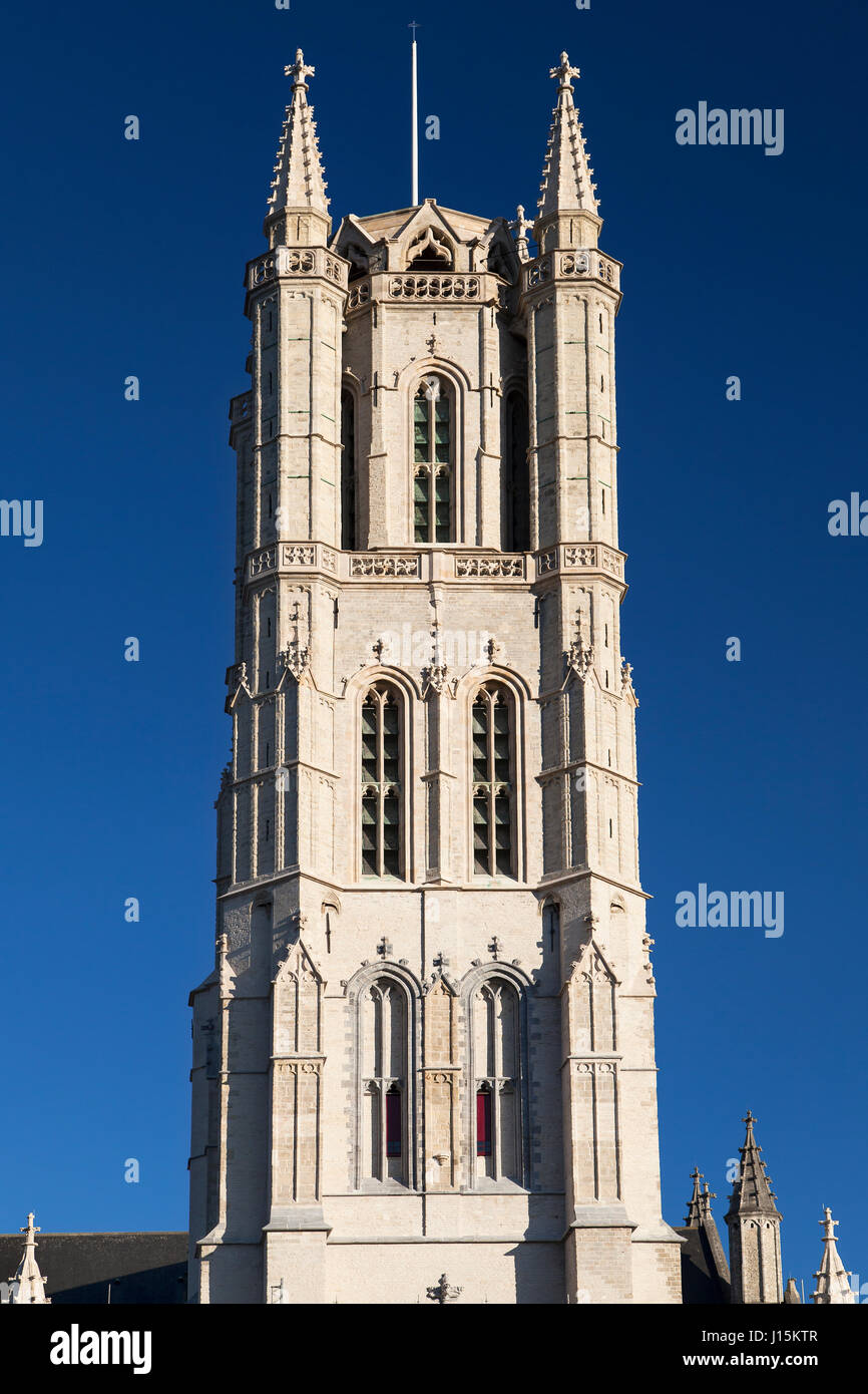 Torre della cattedrale di San Bavone a Gand, Belgio. Foto Stock