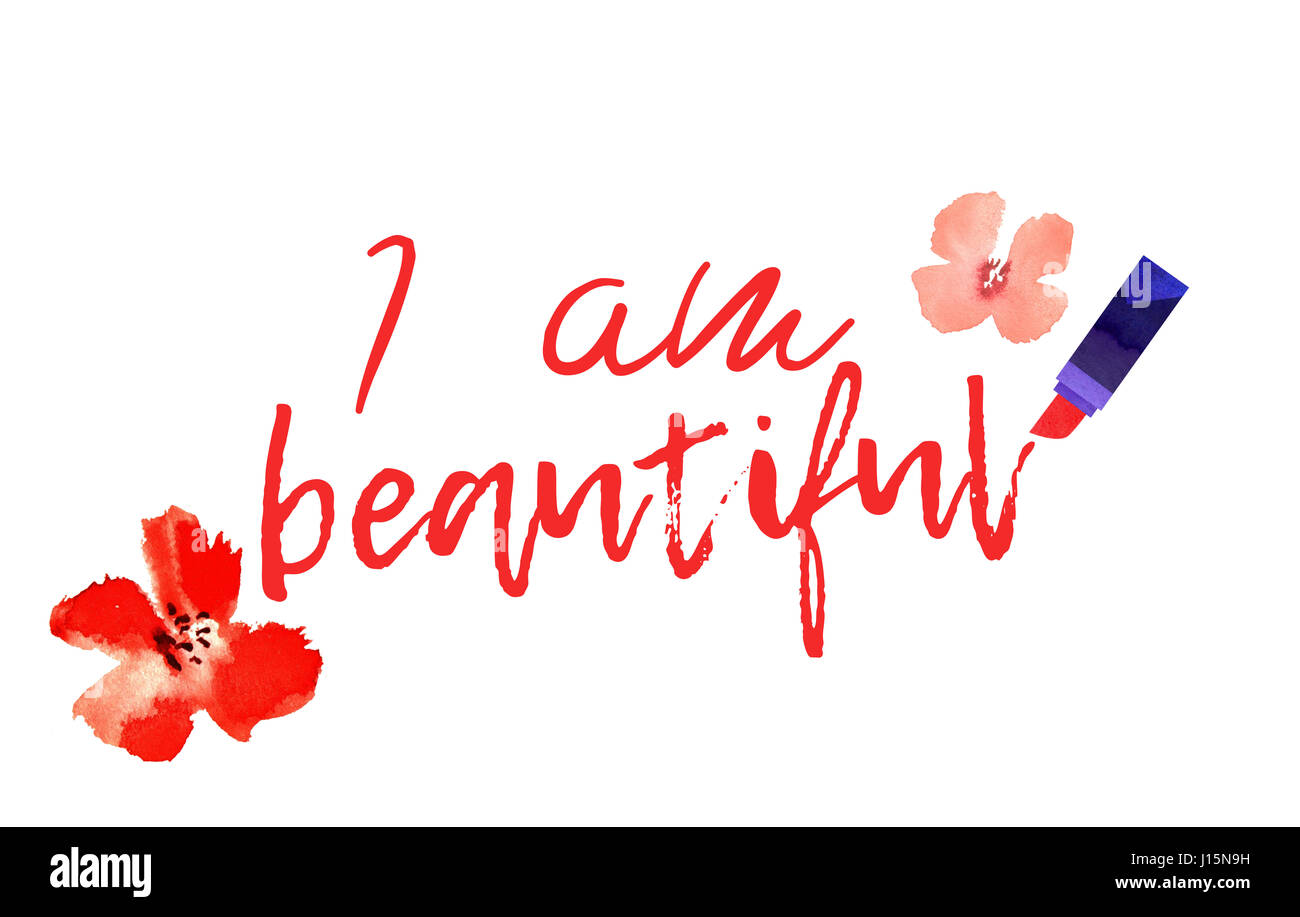 Io sono bellissimo testo con il rossetto e fiori Foto stock - Alamy