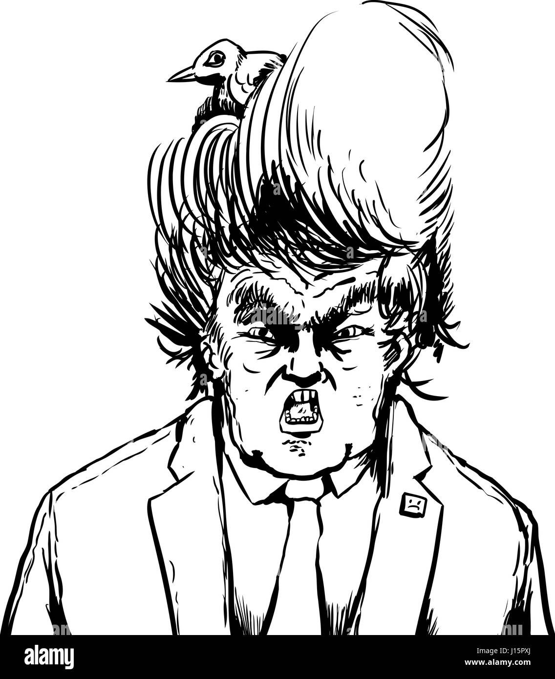 Aprile 18, 2017. La caricatura contorno di urla Donald Trump di nidificazione di uccelli nei suoi capelli Foto Stock