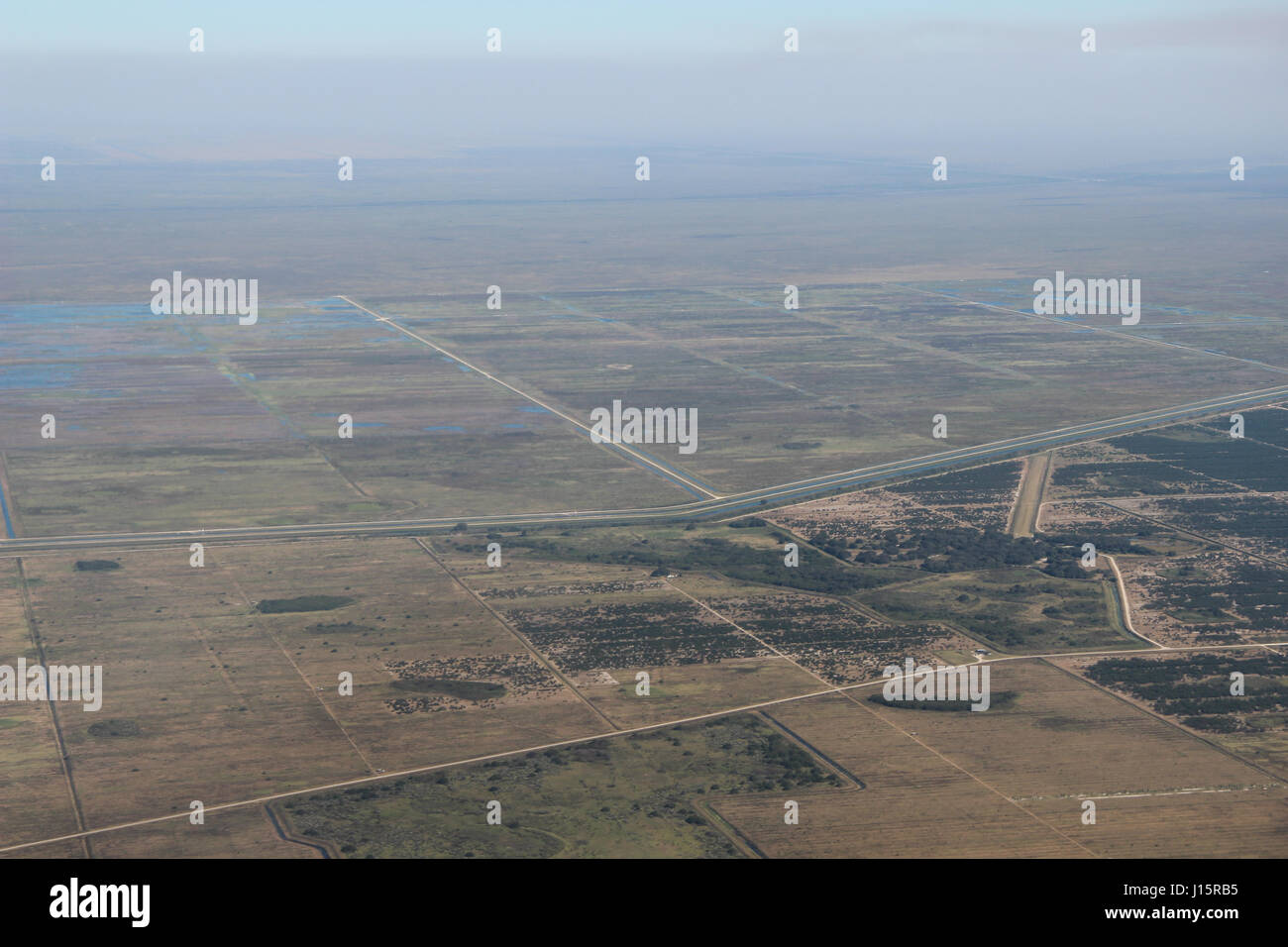 Vista aerea di campi di zucchero di canna, fattorie e canali di bonifica in Everglades della zona agricola, Florida Foto Stock