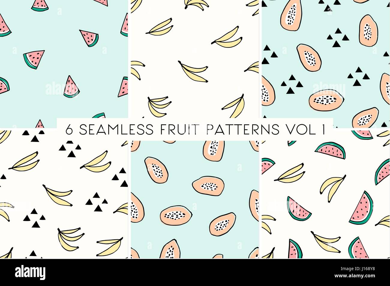 Un set di sei seamless Repeat patterns con disegnati a mano frutti e forme geometriche sulla luce di crema o di sfondo blu. Tessile moderno, biglietto di auguri, po Illustrazione Vettoriale