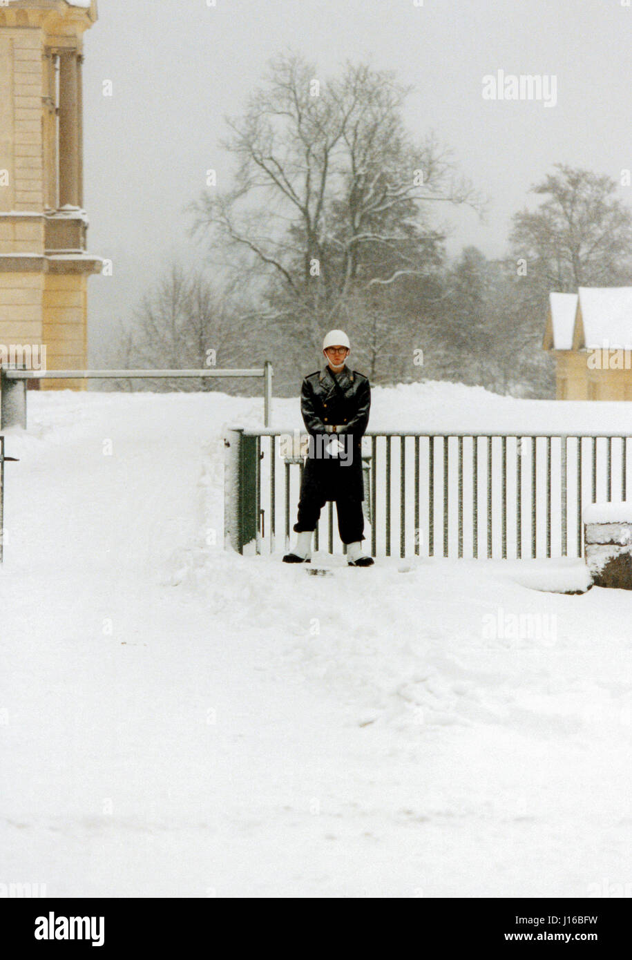 Guardia nella tempesta di neve al Castello di Drottningholm 2003 Foto Stock