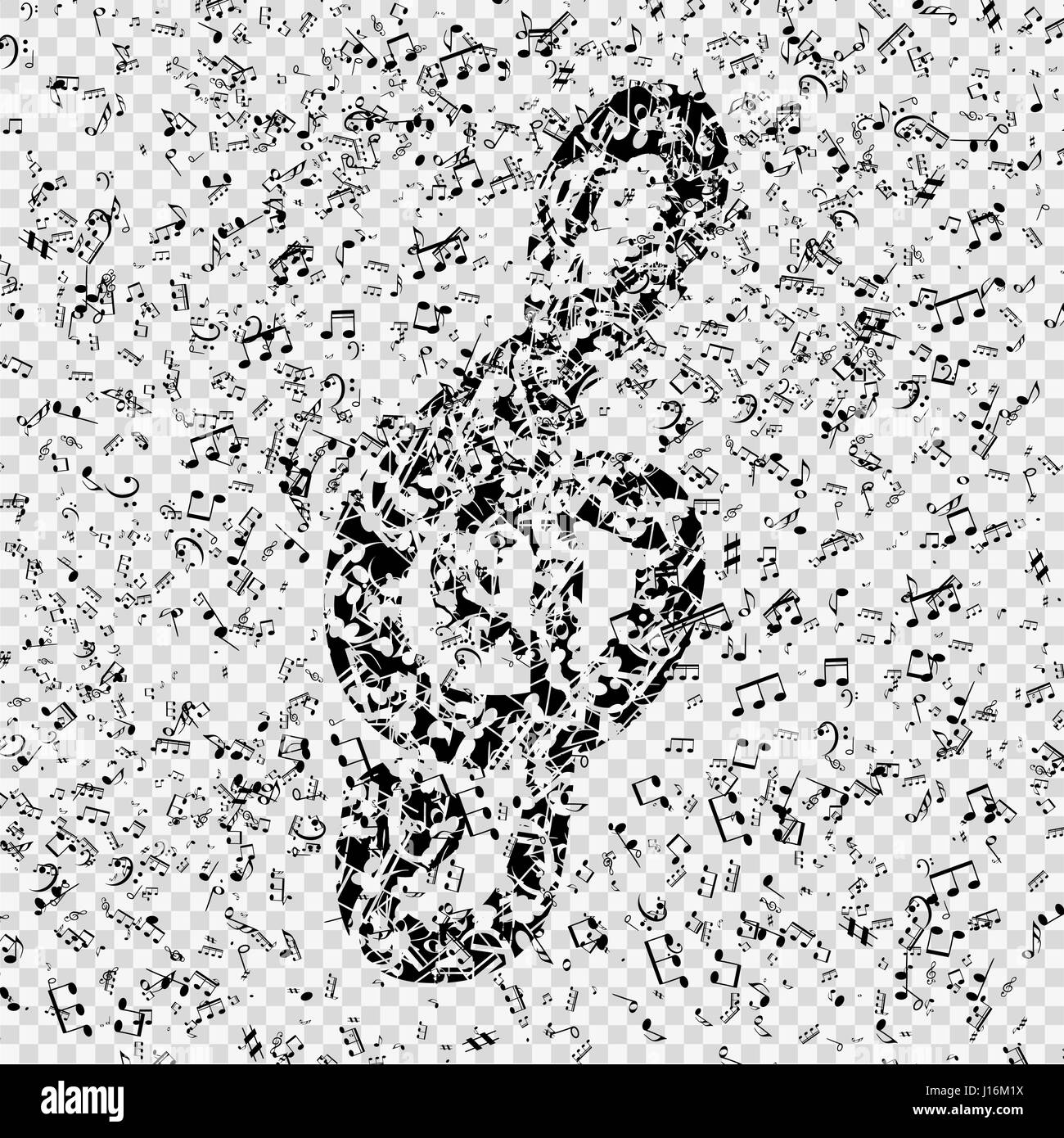 Set di note musicali con chiave di violino su sfondo trasparente. Illustrazione Vettoriale