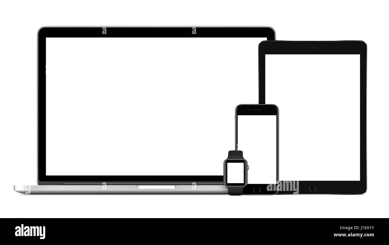 Reattivo mockup costituito da notebook con il nero del tablet pc mobile smartphone e smart watch. Isolato su sfondo bianco. Set di tecnologia del dispositivo Foto Stock