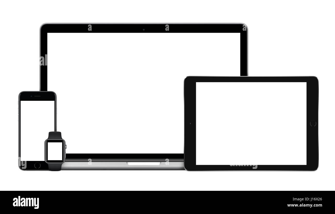 Gadget reattiva costituita da computer portatile con il nero del tablet pc mobile smartphone e smart watch. Isolato su sfondo bianco. La tecnologia mockup f Foto Stock