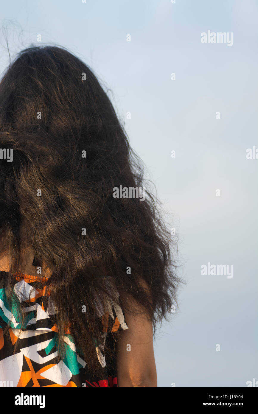 Vista posteriore di una giovane donna con i capelli scuri esterni Foto Stock