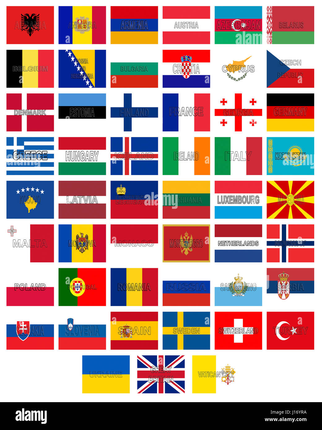 Illustrazione delle bandiere di tutti i paesi che compongono l' Europa con  il paese nomi scritti sulle bandiere Foto stock - Alamy