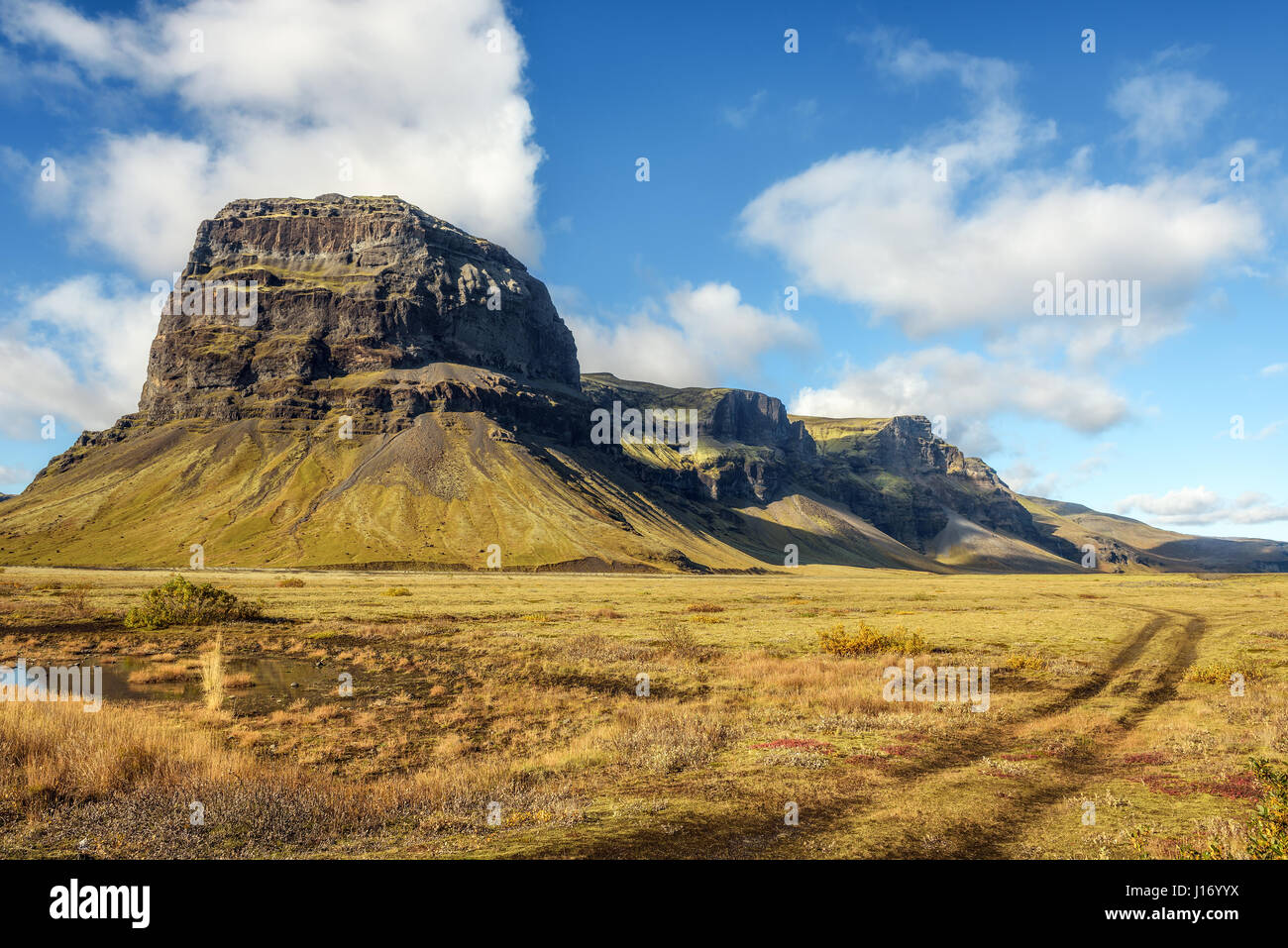 Paesaggio panoramico con avvolgimento di campo auto brani in Islanda Foto Stock