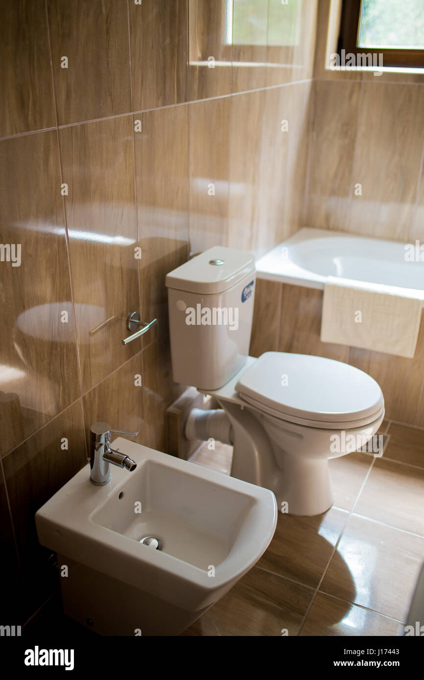 Bagno interno - lavandino, bidet, WC, specchio di grandi dimensioni. Le  pareti sono di colore marrone chiaro Foto stock - Alamy