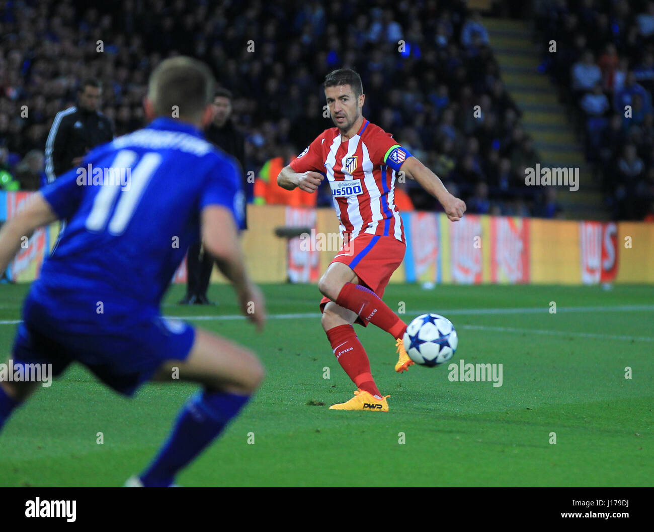 Leicester, Inghilterra, 18th, aprile 2017. Juanfran in azione per Madrid durante la UEFA Champions League quarti di finale tra Il Leicester City FC e Atletico Madrid. © Phil Hutchinson/Alamy Live News Foto Stock