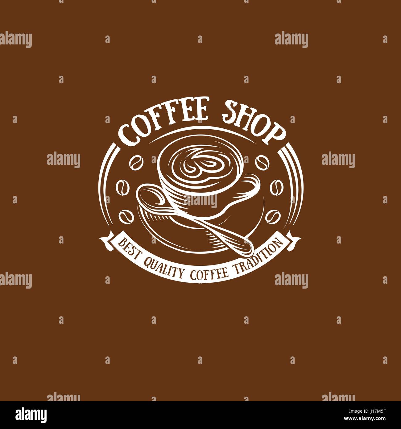 Isolato di color marrone tazza in stile retrò logo, logotipo per coffee shop illustrazione vettoriale su sfondo marrone. Illustrazione Vettoriale