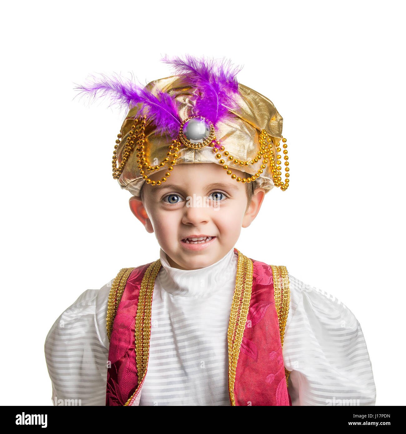 Bambino in costume sultano su bianco Foto Stock