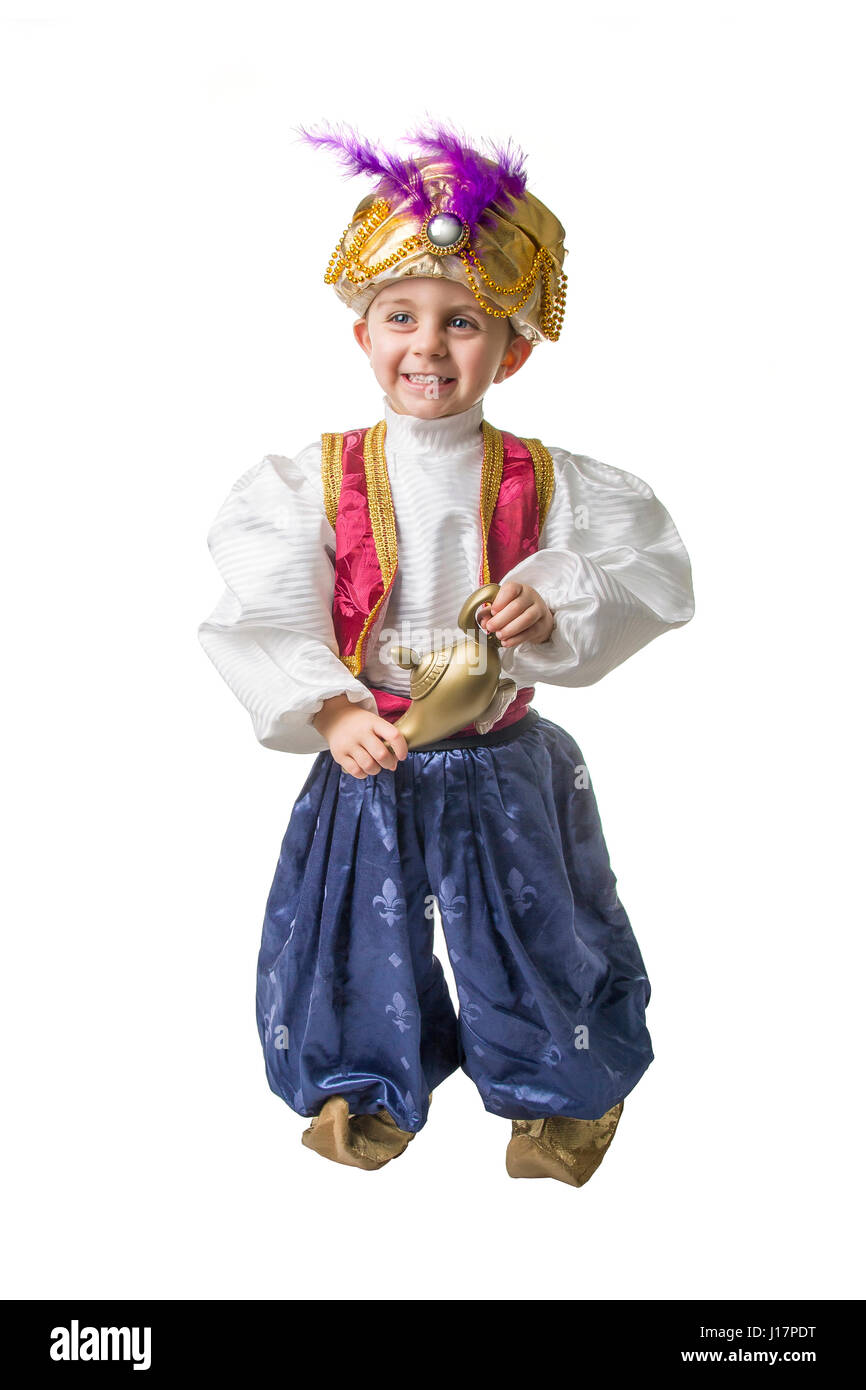 Bambino smilling in costume sultano con lampada isolato Foto Stock