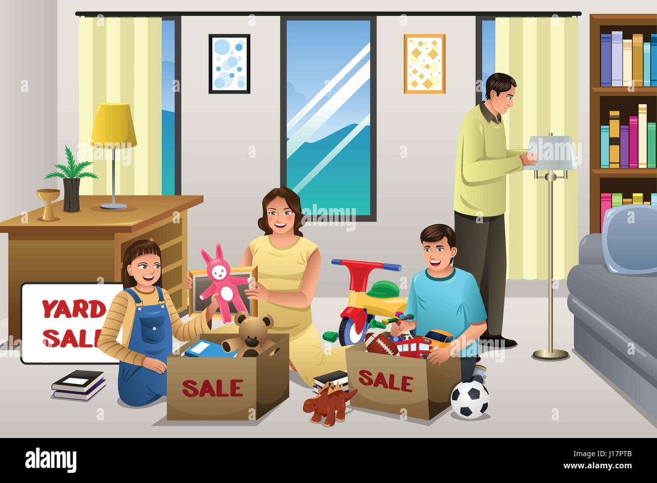 Una illustrazione vettoriale della famiglia ordinare gli elementi per una vendita di garage Illustrazione Vettoriale