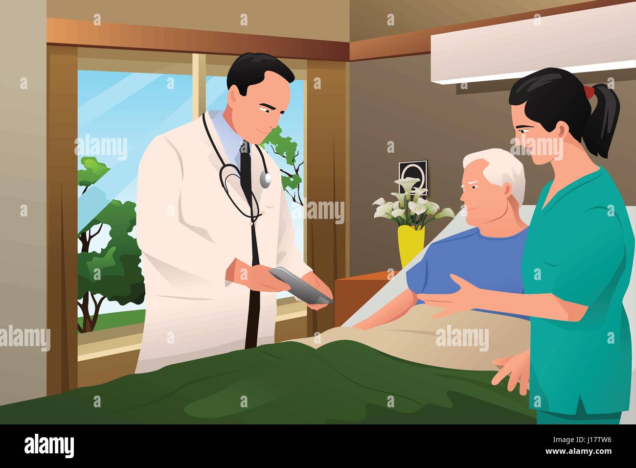Una illustrazione vettoriale di medico a parlare con il suo paziente in ospedale Illustrazione Vettoriale