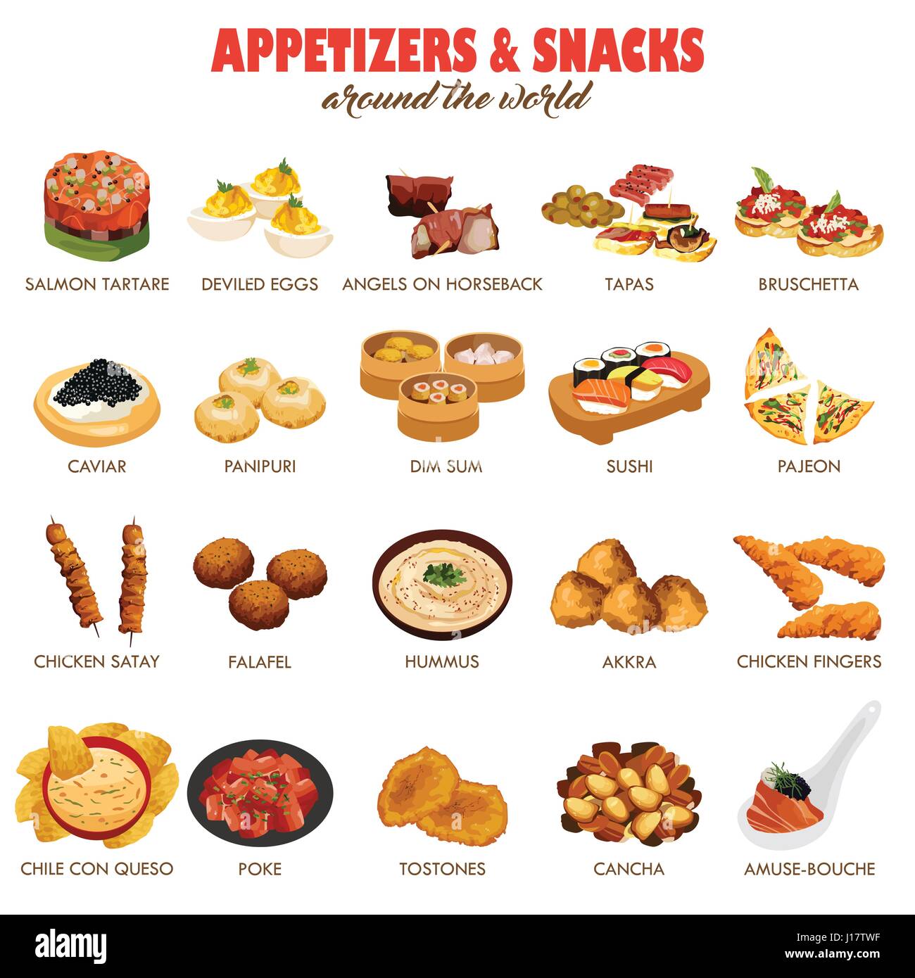 Una illustrazione vettoriale di antipasti e spuntini tutto il mondo icona set Illustrazione Vettoriale