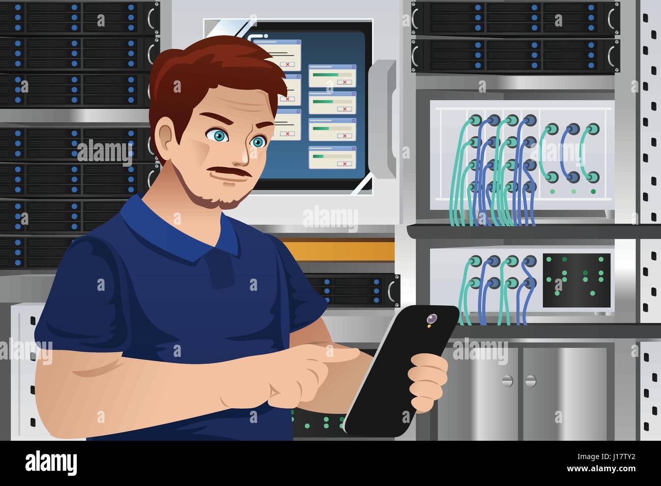 Una illustrazione vettoriale di uomo che lavora in computer sala server Illustrazione Vettoriale