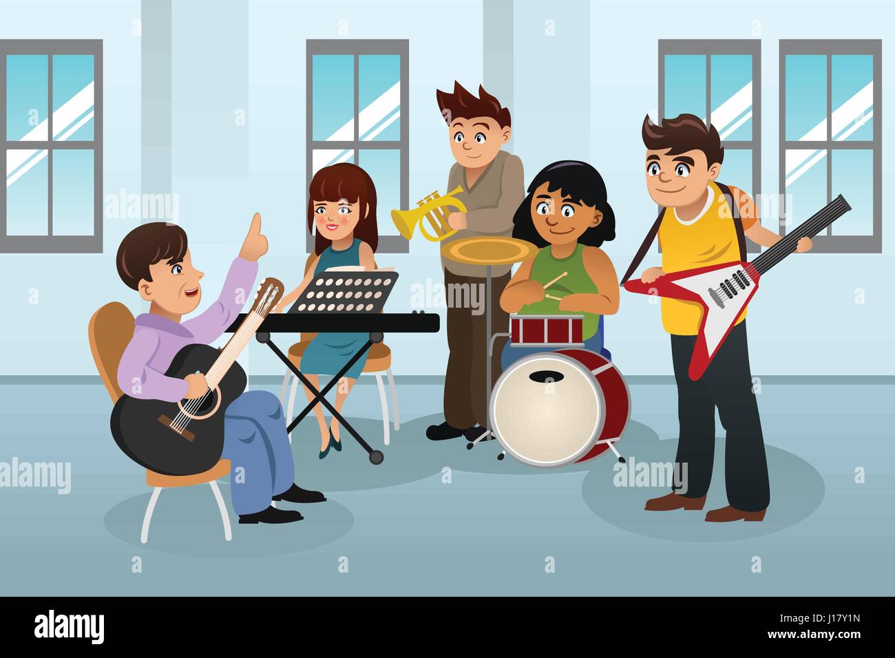 Una illustrazione vettoriale di studenti uno strumento di apprendimento in classe di musica Illustrazione Vettoriale
