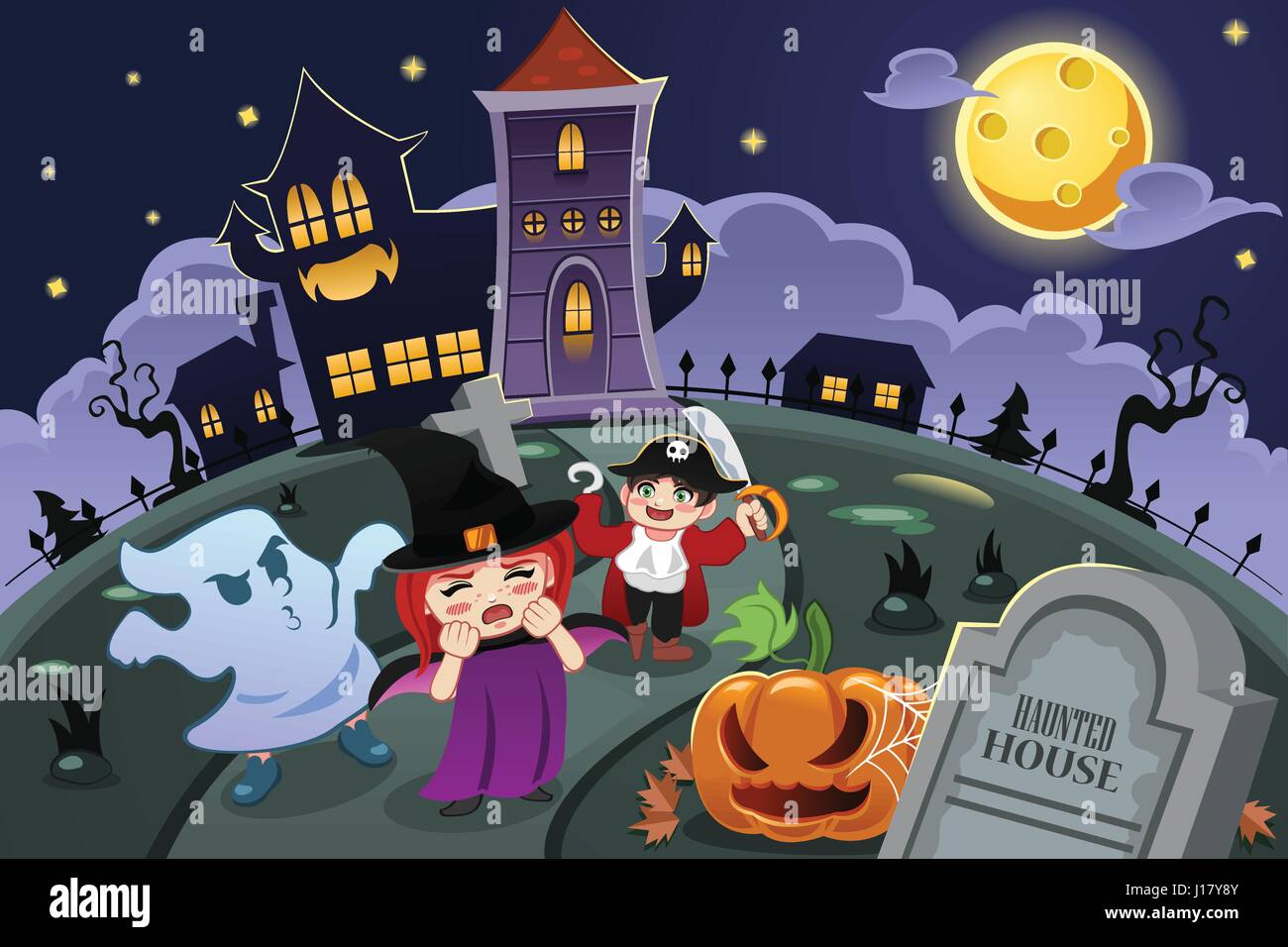 Una illustrazione vettoriale di bambini che indossano i costumi di Halloween di fronte Haunted House Illustrazione Vettoriale
