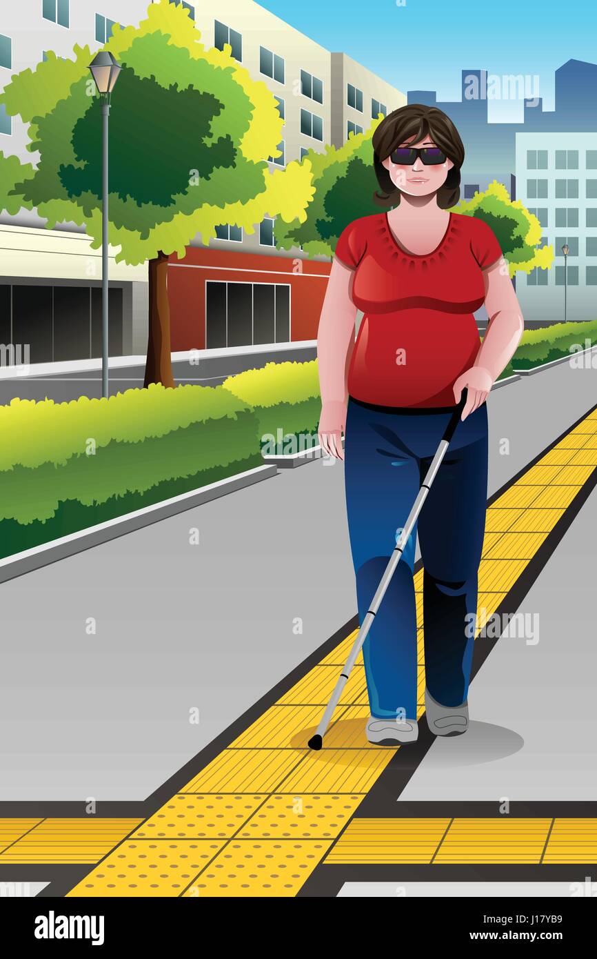 Una illustrazione vettoriale di donne cieche camminando sul marciapiede Illustrazione Vettoriale